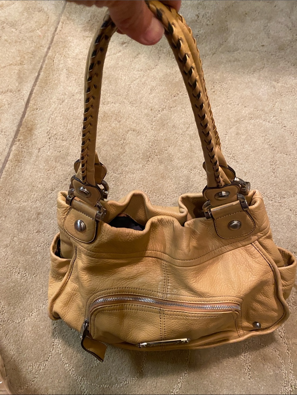 B Makowski Braided-Handle Leather Shoulder Bag in Creamy Tan Like New Elegant